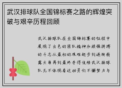 武汉排球队全国锦标赛之路的辉煌突破与艰辛历程回顾
